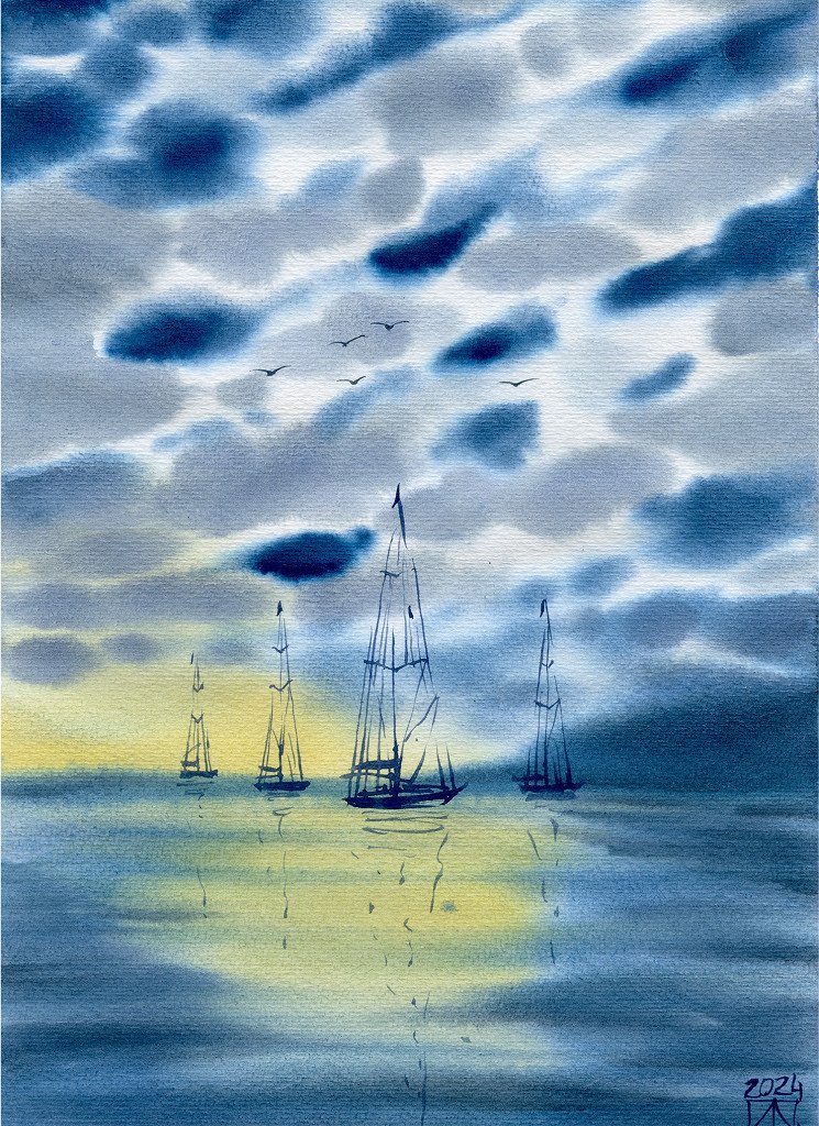 Acuarela Misty Harbor - Obra original de Anastasia Zueva