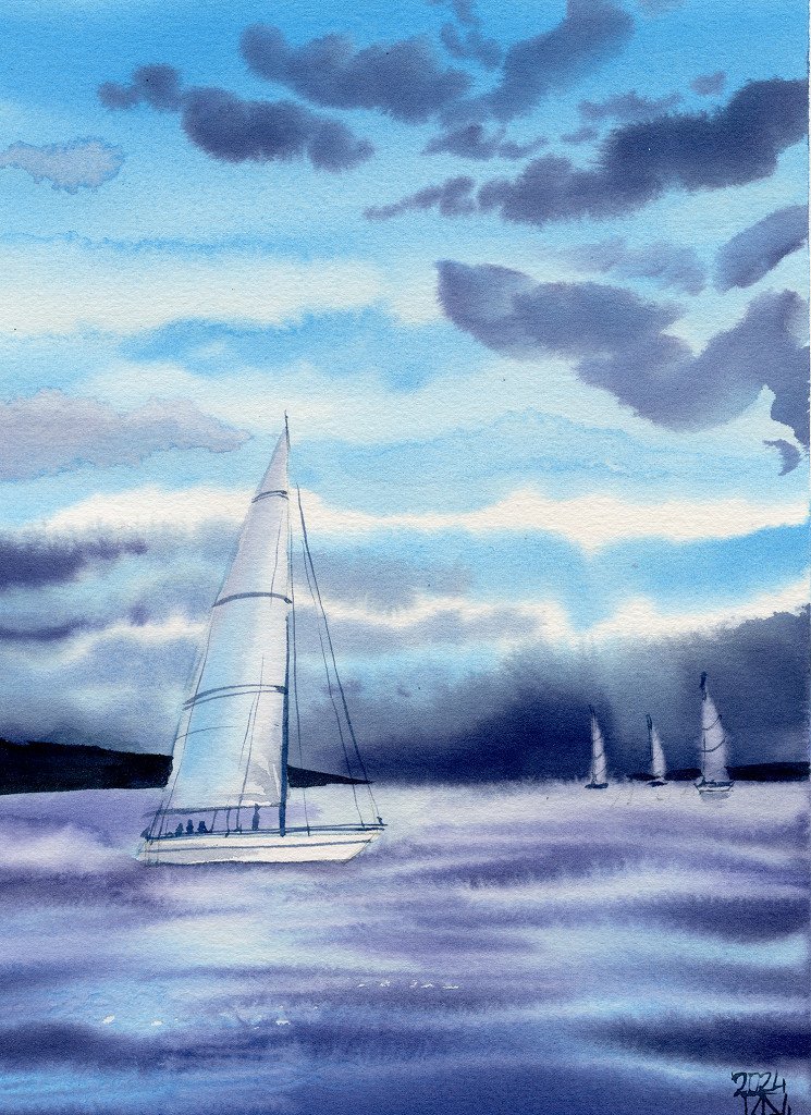 Winter Sunset Sailboats - Obra original de Anastasia Zueva